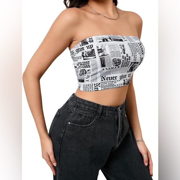 Superdown Newspaper Print Strapless Crop Top Sz XS - Picture 1 of 5